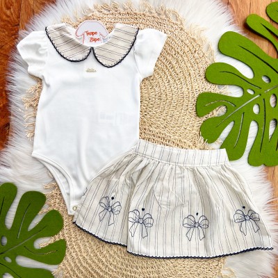 Conj. Body Gola Bordada e Saia em Linho Lacinhos - Off White